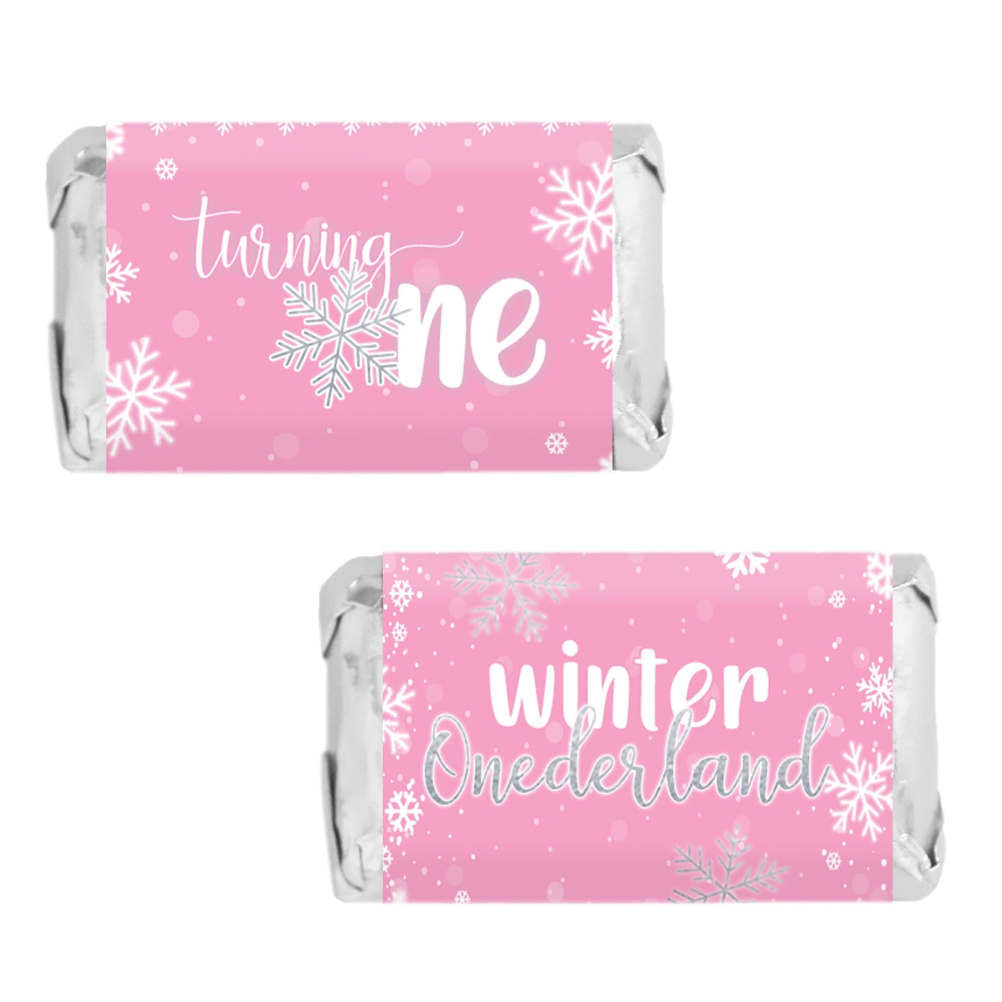 Onederland Snowflake Winter 1st Birthday Mini Candy Bar Wrappers - 45 Stickers (Pink)